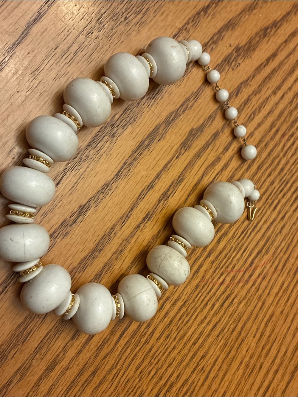 Vintage Mid-Century White & Gold Tone Chunky Bead Necklace Hong Kong